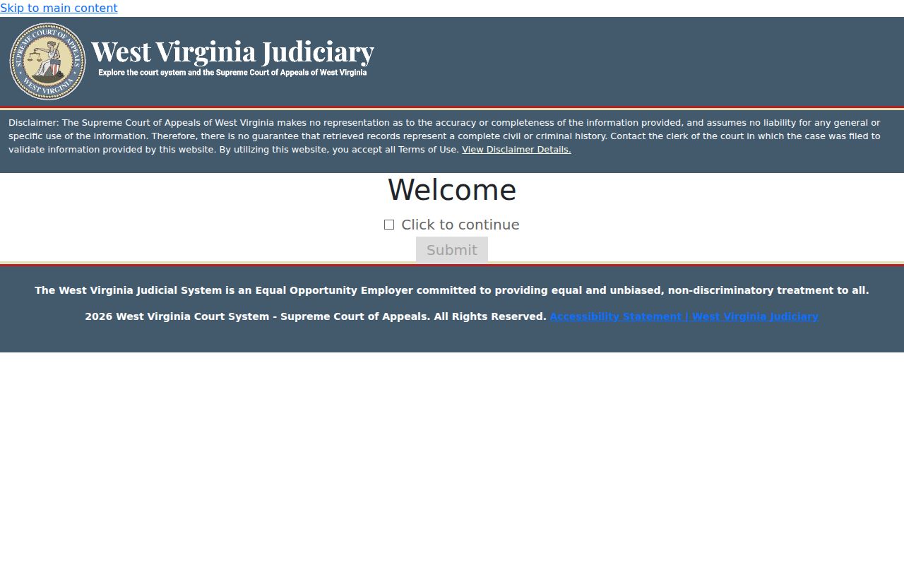 West Virginia Magistrate Case Record Search terms and continuation screen